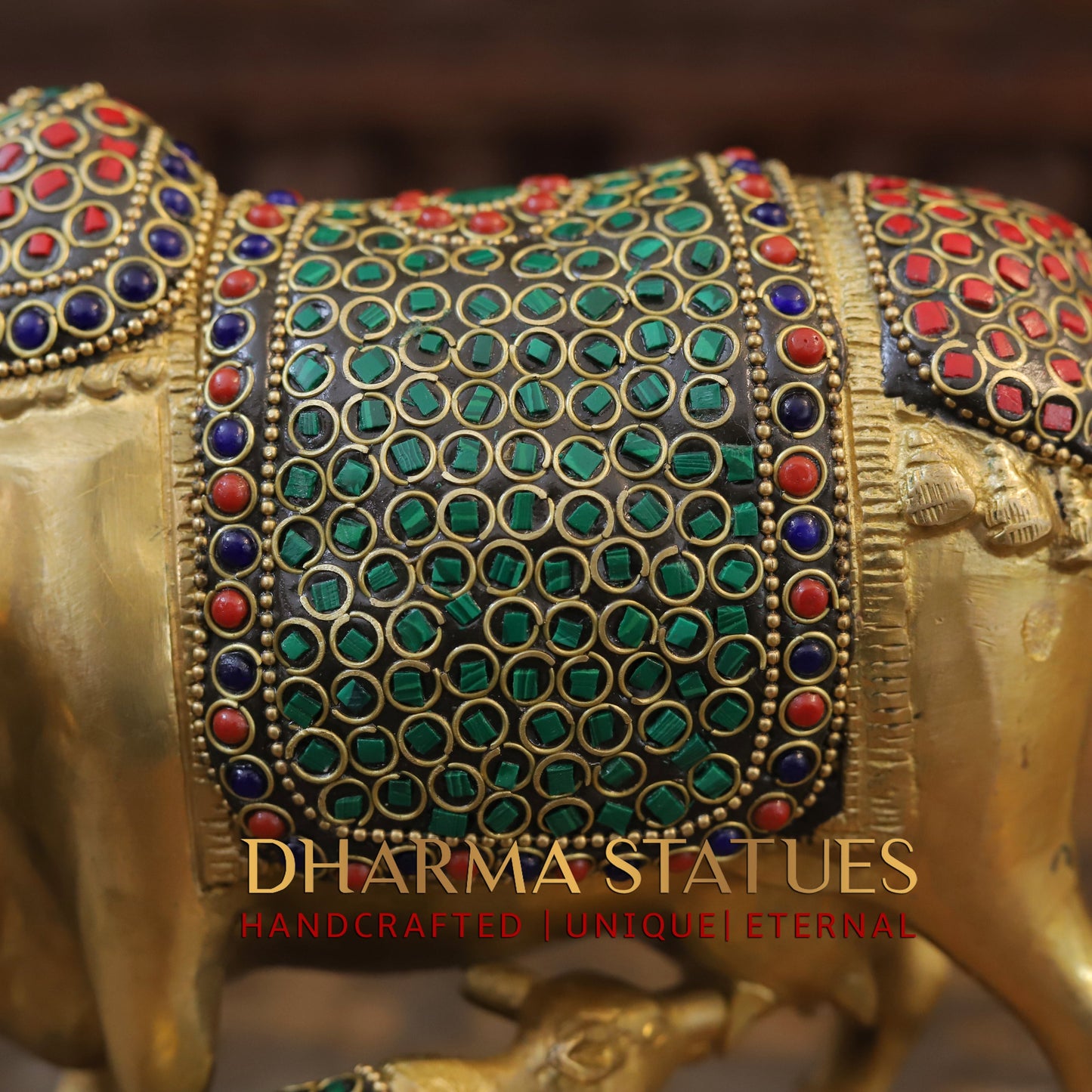 Brass Cow With Calf Standing on Base, Golden Finish & Stonework, 7"