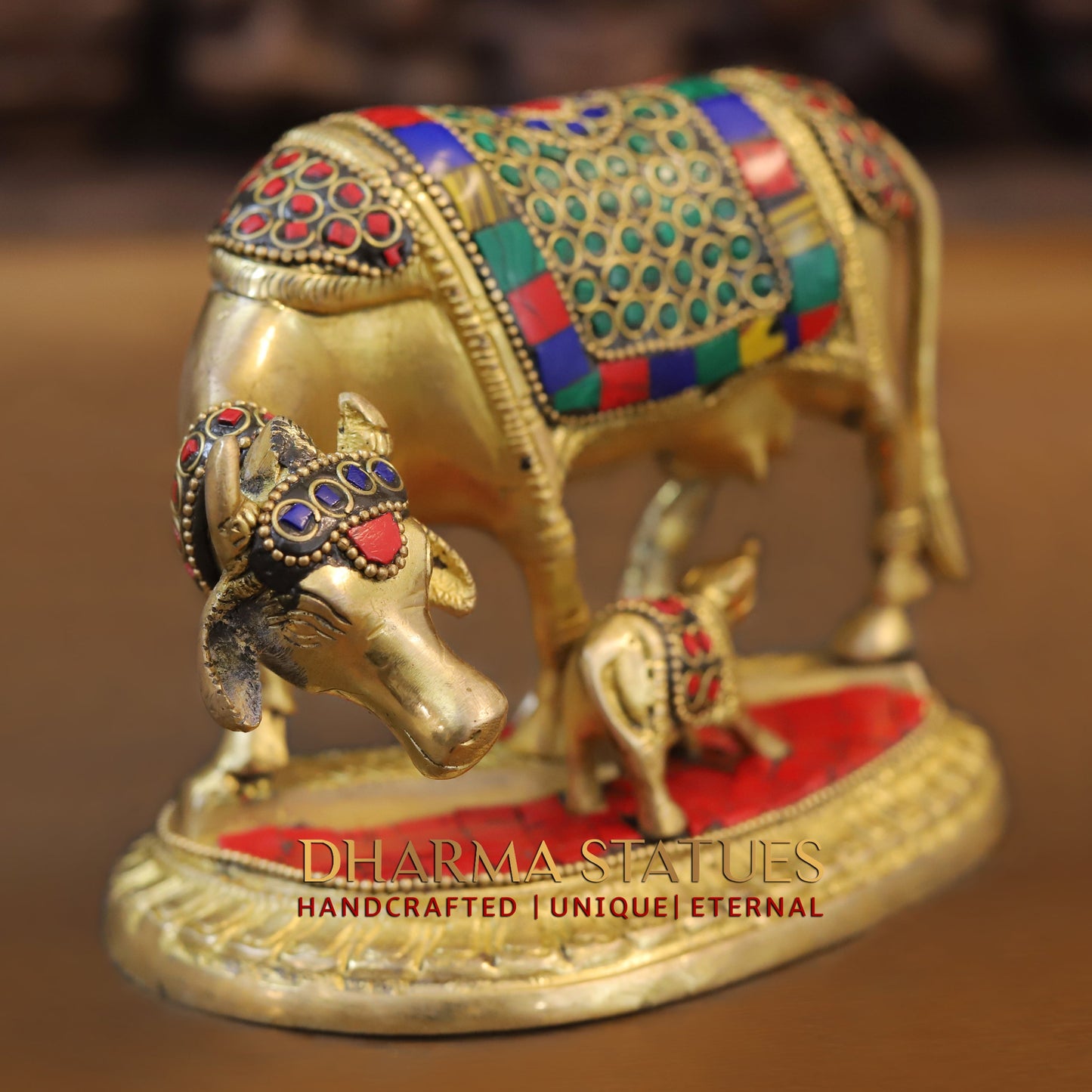 Brass Cow With Calf Standing on Base, Golden Finish & Stonework, 5"
