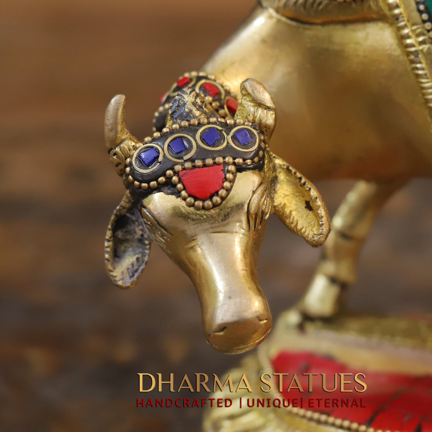 Brass Cow With Calf Standing on Base, Golden Finish & Stonework, 5"