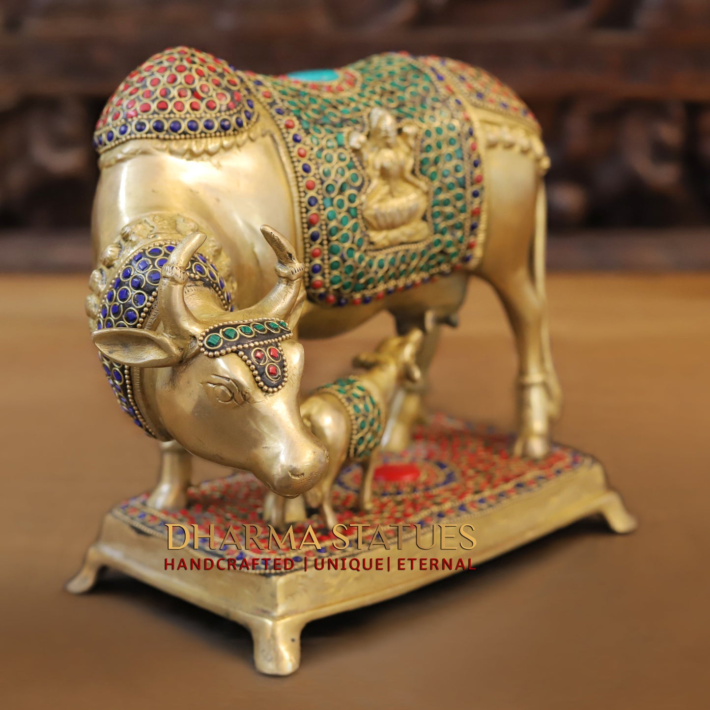 Brass Cow With Calf Standing on Base, Lakshmi Ji Engraved, Golden Finish & Stonework, 8"