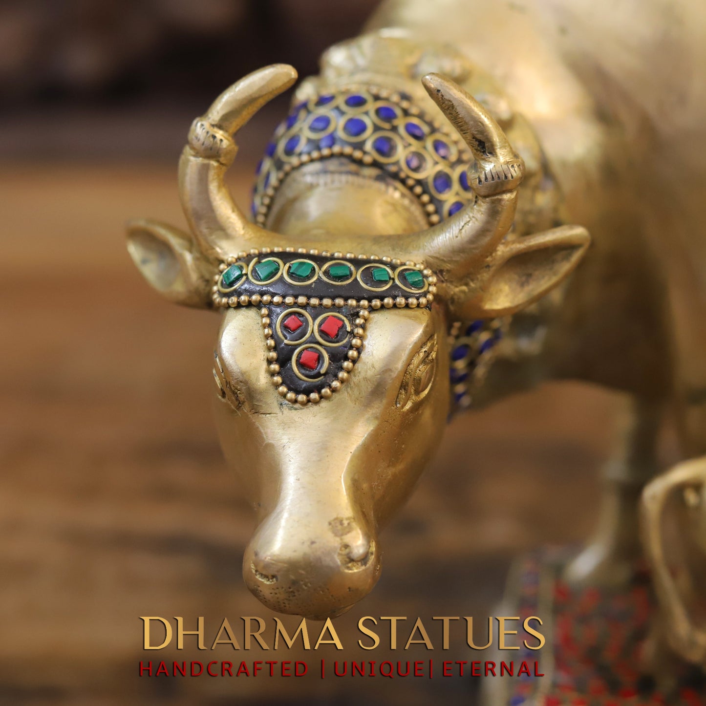 Brass Cow With Calf Standing on Base, Lakshmi Ji Engraved, Golden Finish & Stonework, 8"