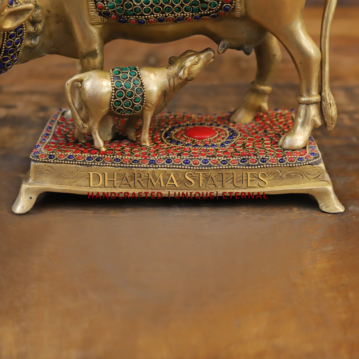 Brass Cow With Calf Standing on Base, Lakshmi Ji Engraved, Golden Finish & Stonework, 8"