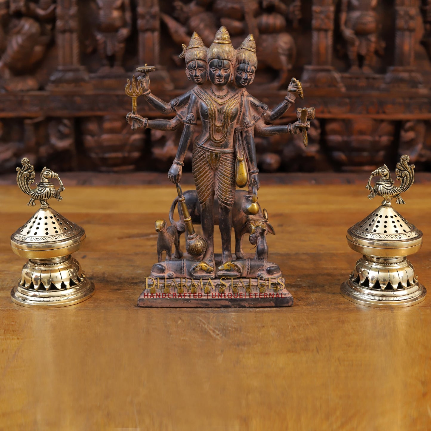 Brass Dattatriya Statu, Black Patina 12"