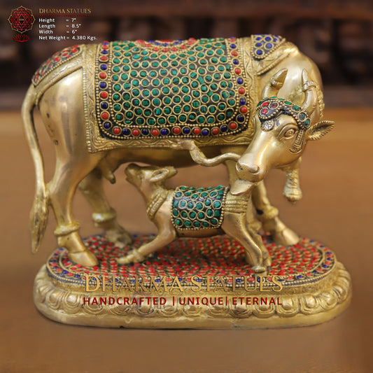 Brass Cow With Calf Standing on Base, Golden Finish & Stonework, 7"