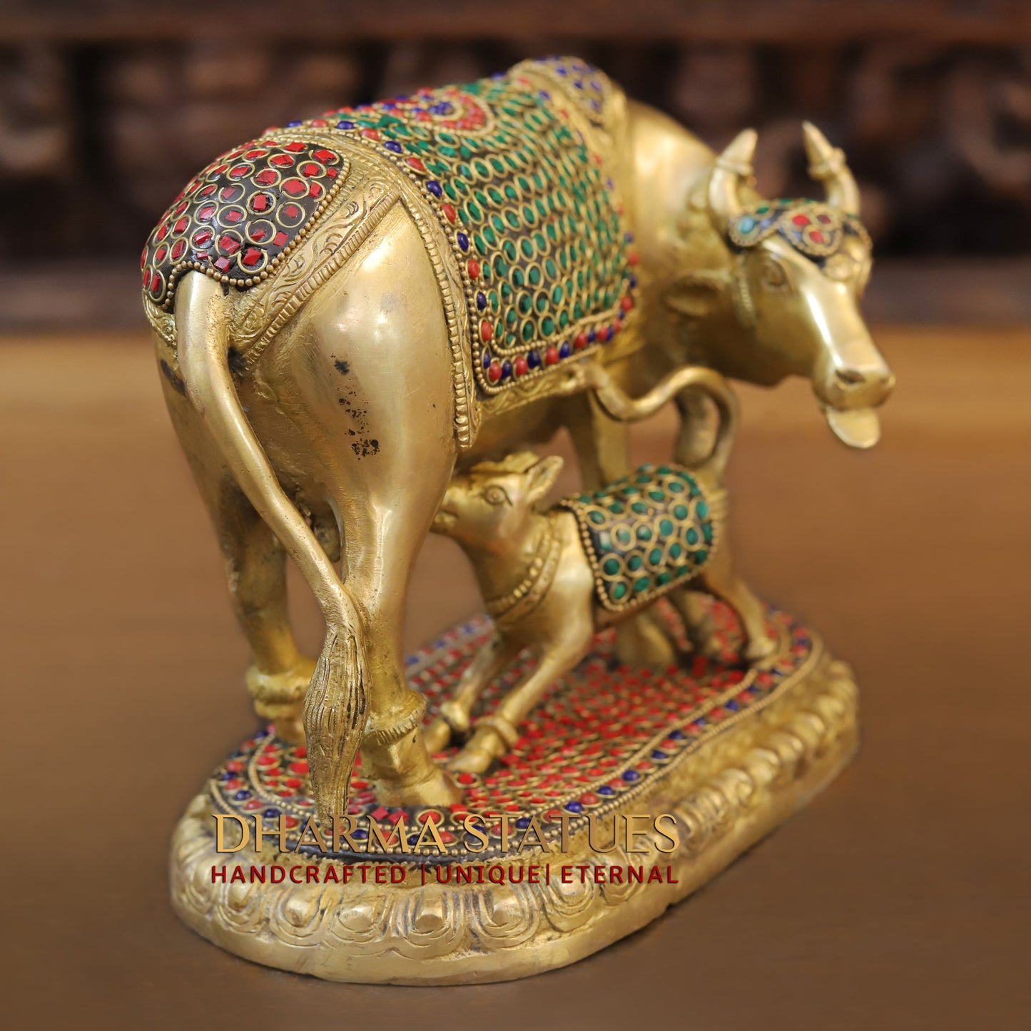 Brass Cow With Calf Standing on Base, Golden Finish & Stonework, 7"