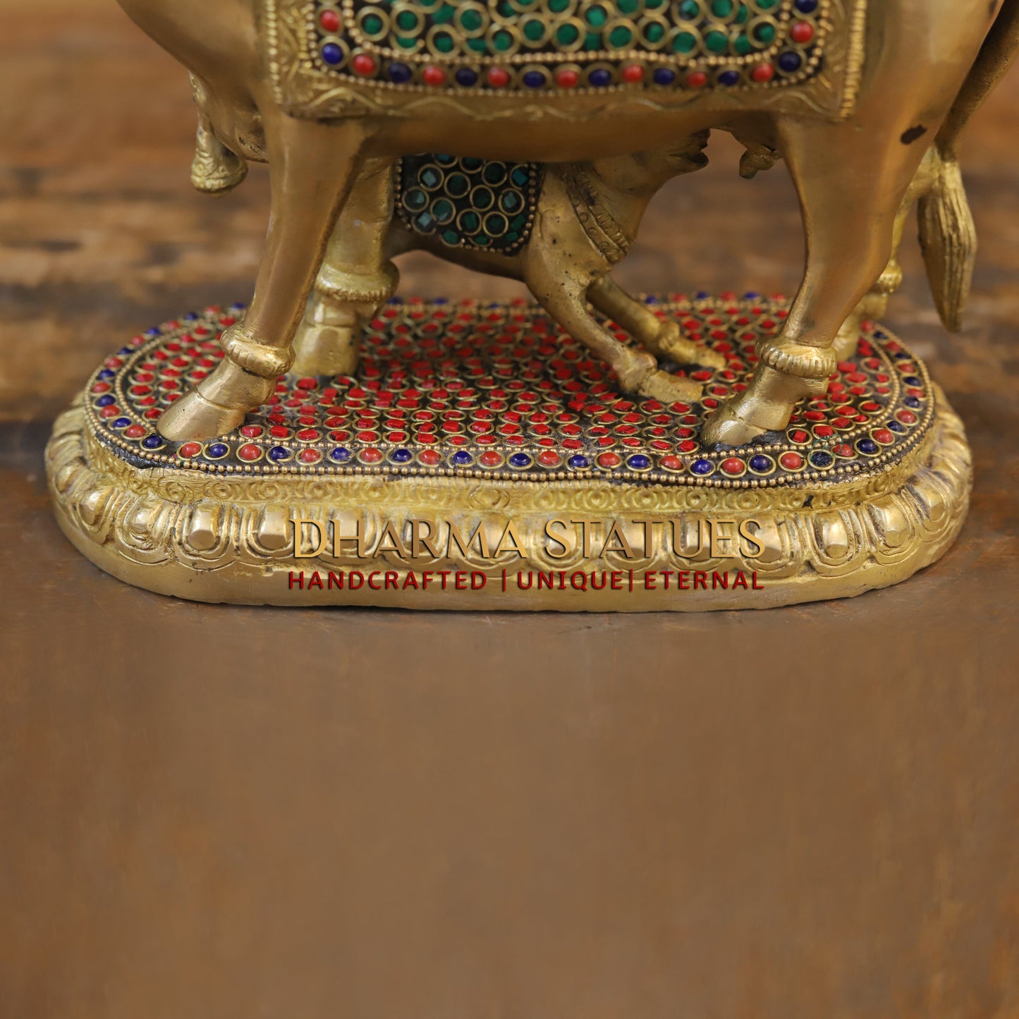 Brass Cow With Calf Standing on Base, Golden Finish & Stonework, 7"
