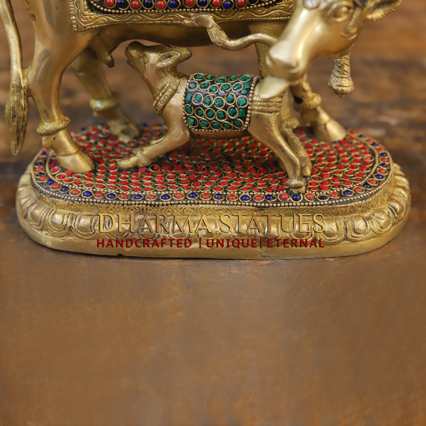 Brass Cow With Calf Standing on Base, Golden Finish & Stonework, 7"