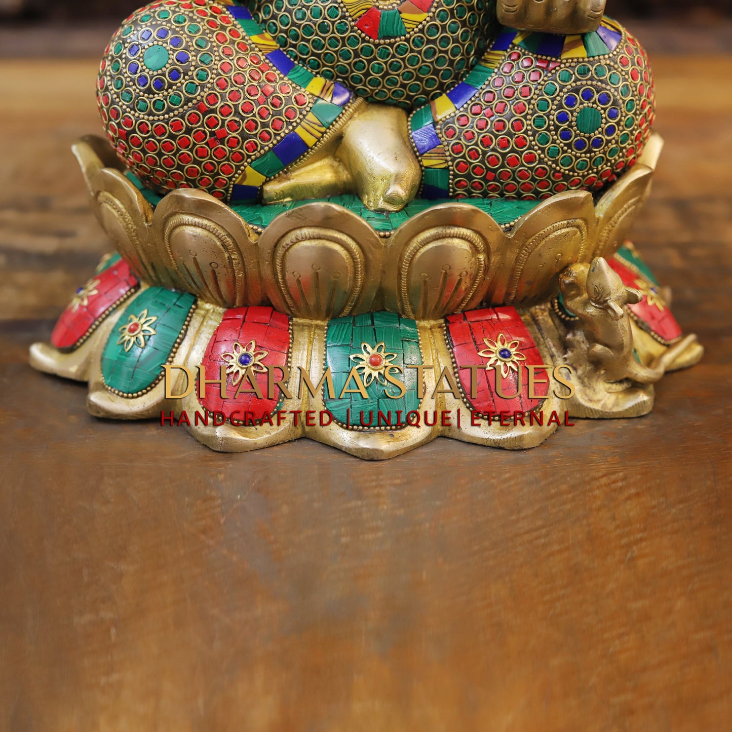 Brass Ganesh seated on Lotus, Blessing Posture, Golden & Stonework, 14.5