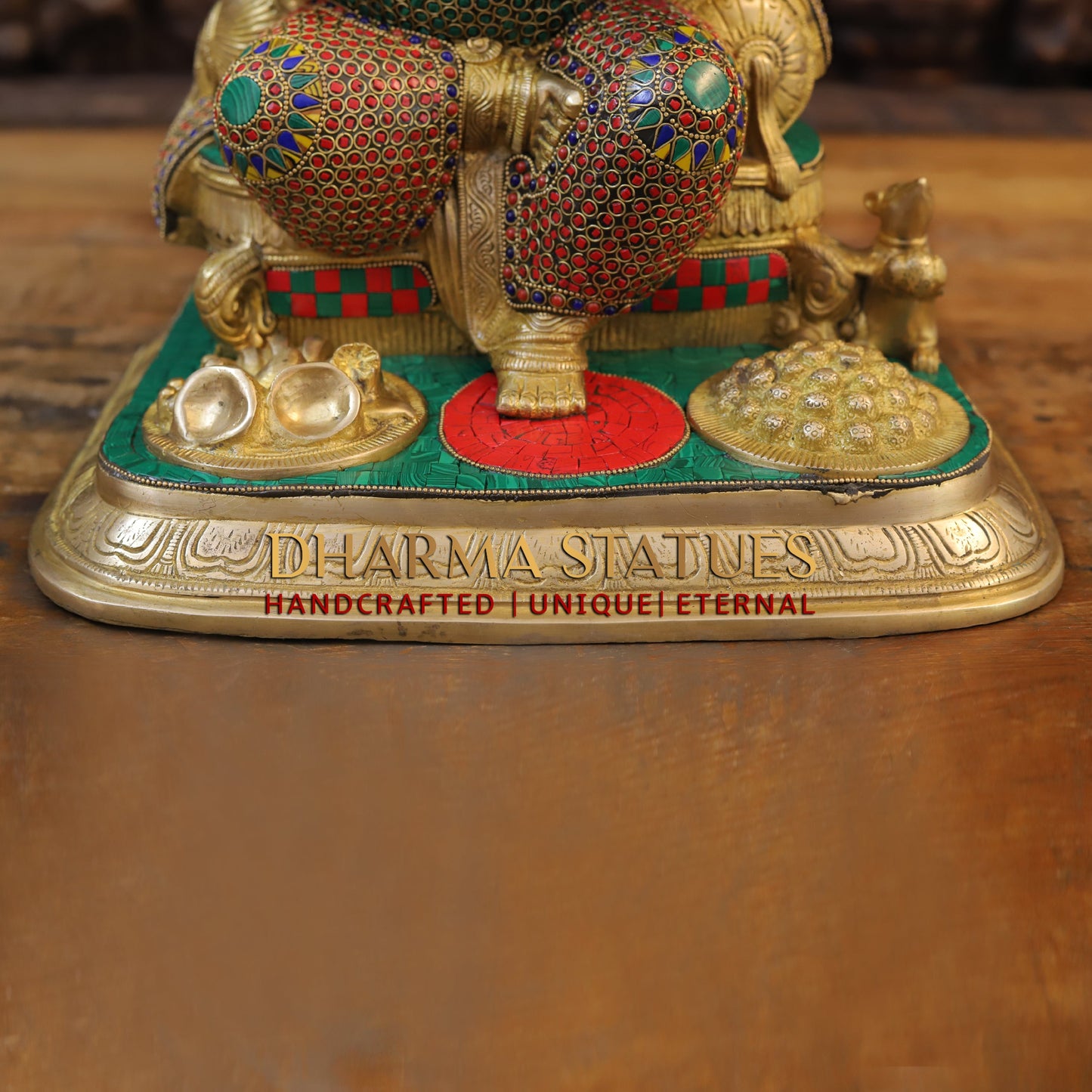 Brass Ganesh seated on Throne, Blessing Posture, Golden Finish & Stonework, 17"