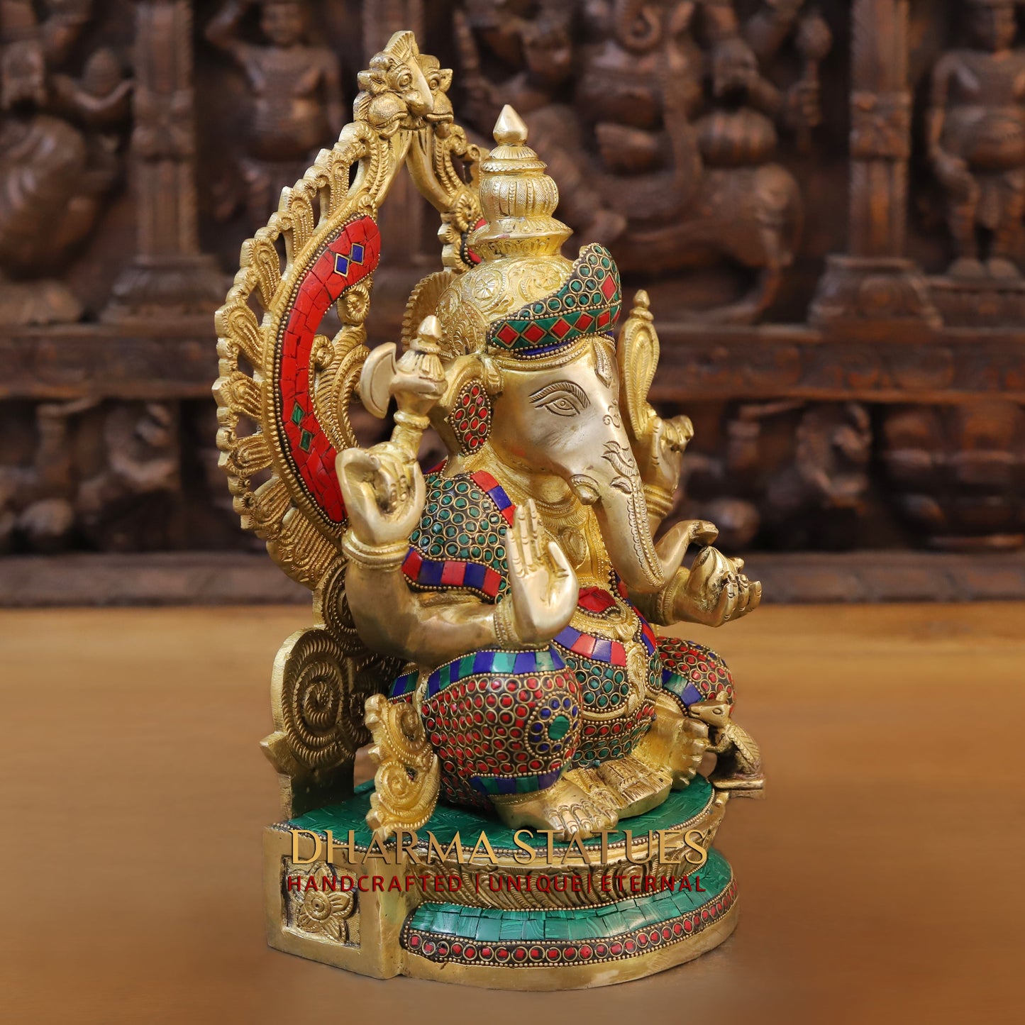 Brass Ganesh seated, blessing Posture, Golden Finish & Stonework, 14.5"