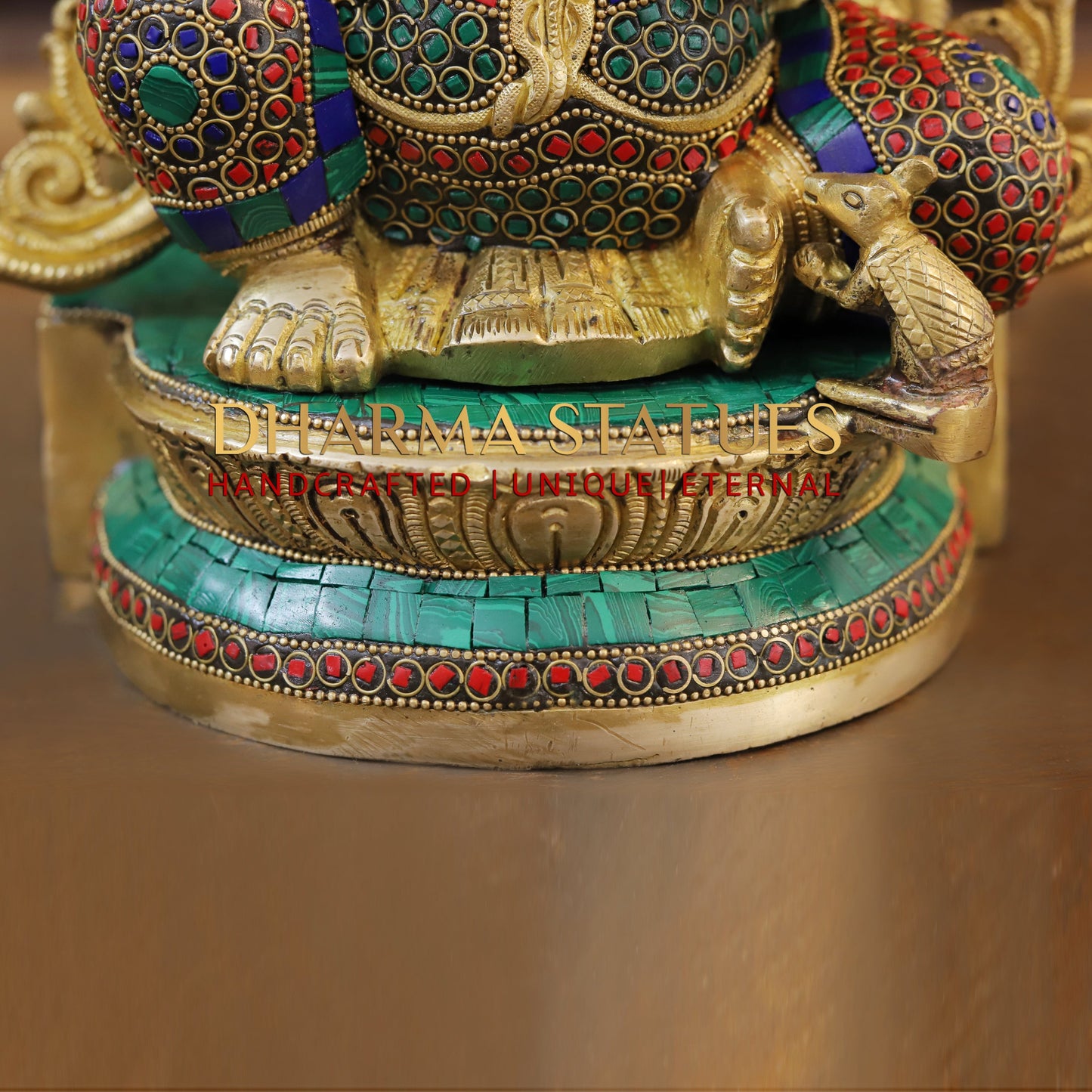 Brass Ganesh seated, blessing Posture, Golden Finish & Stonework, 14.5"