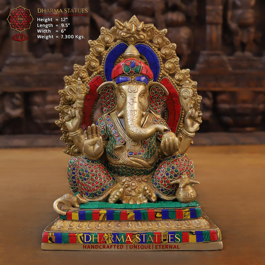 Brass Ganesh seated on Base with Frame, Blessing Position, Golden & Stonework, 12"