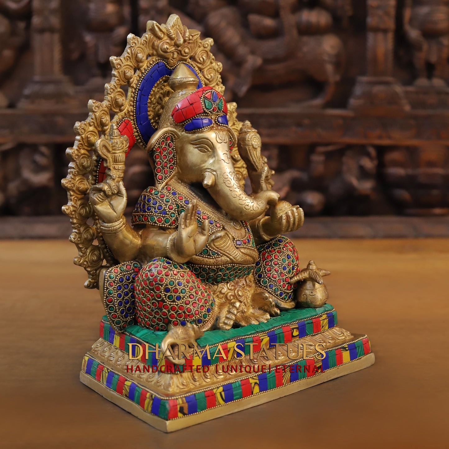 Brass Ganesh seated on Base with Frame, Blessing Position, Golden & Stonework, 12"