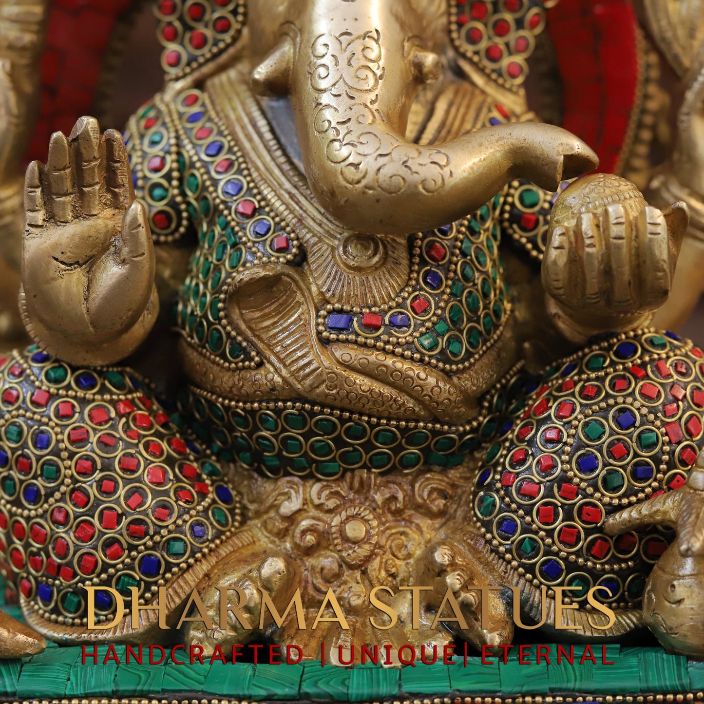Brass Ganesh seated on Base with Frame, Blessing Position, Golden & Stonework, 12"
