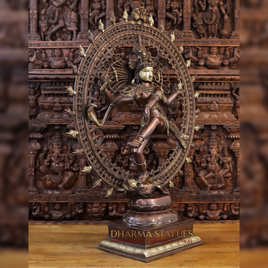 Brass Natraj Idol, Masterpiece of Divine Dance and Cosmic Energy, Copper with Golden Finish,  47.5"