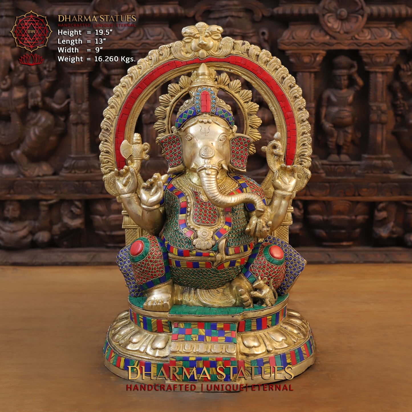 Brass Ganesh seated on Base with Frame, Blessing Position, Golden & Stonework, 19.5"