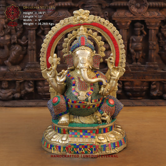 Brass Ganesh seated on Base with Frame, Blessing Position, Golden & Stonework, 19.5"