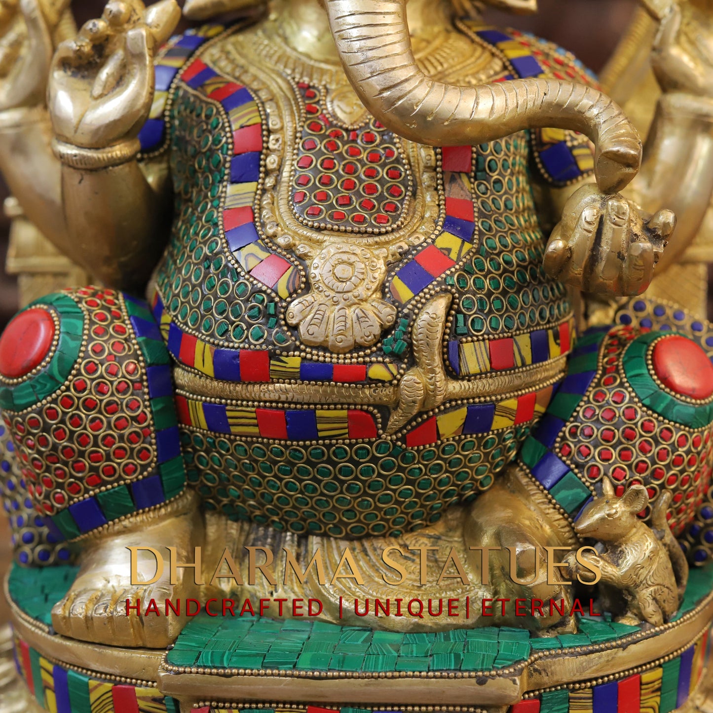 Brass Ganesh seated on Base with Frame, Blessing Position, Golden & Stonework, 19.5"