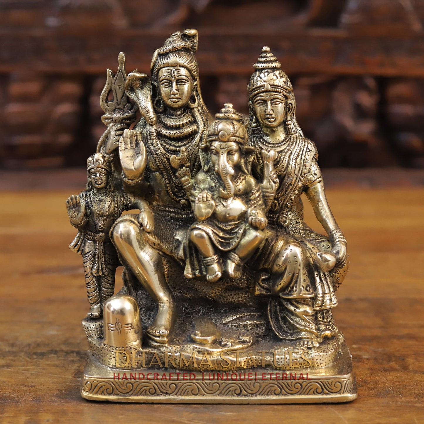 Brass Shiv Parivar Statue, Antique Golden Finish 8.5"