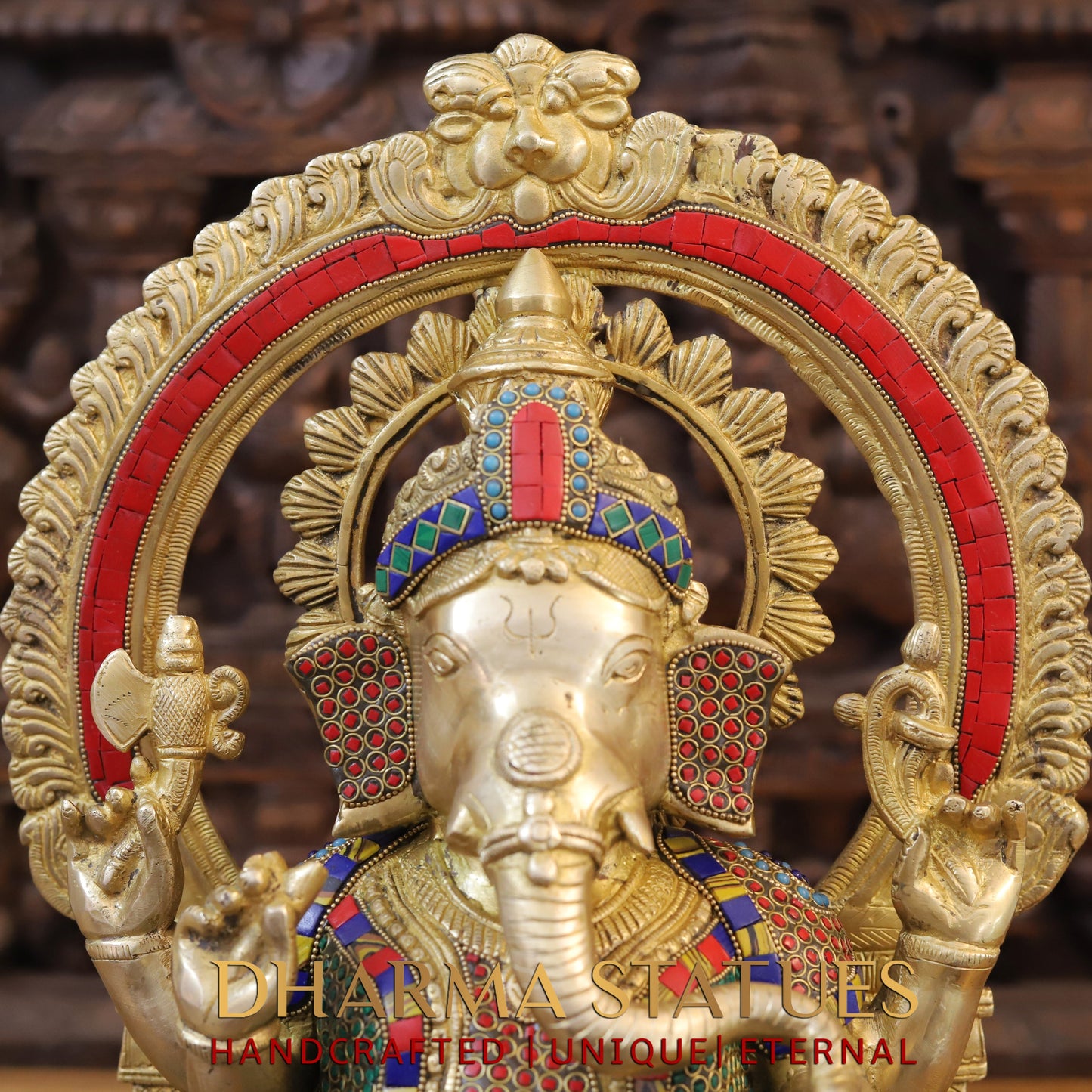 Brass Ganesh seated on Base with Frame, Blessing Position, Golden & Stonework, 19.5"
