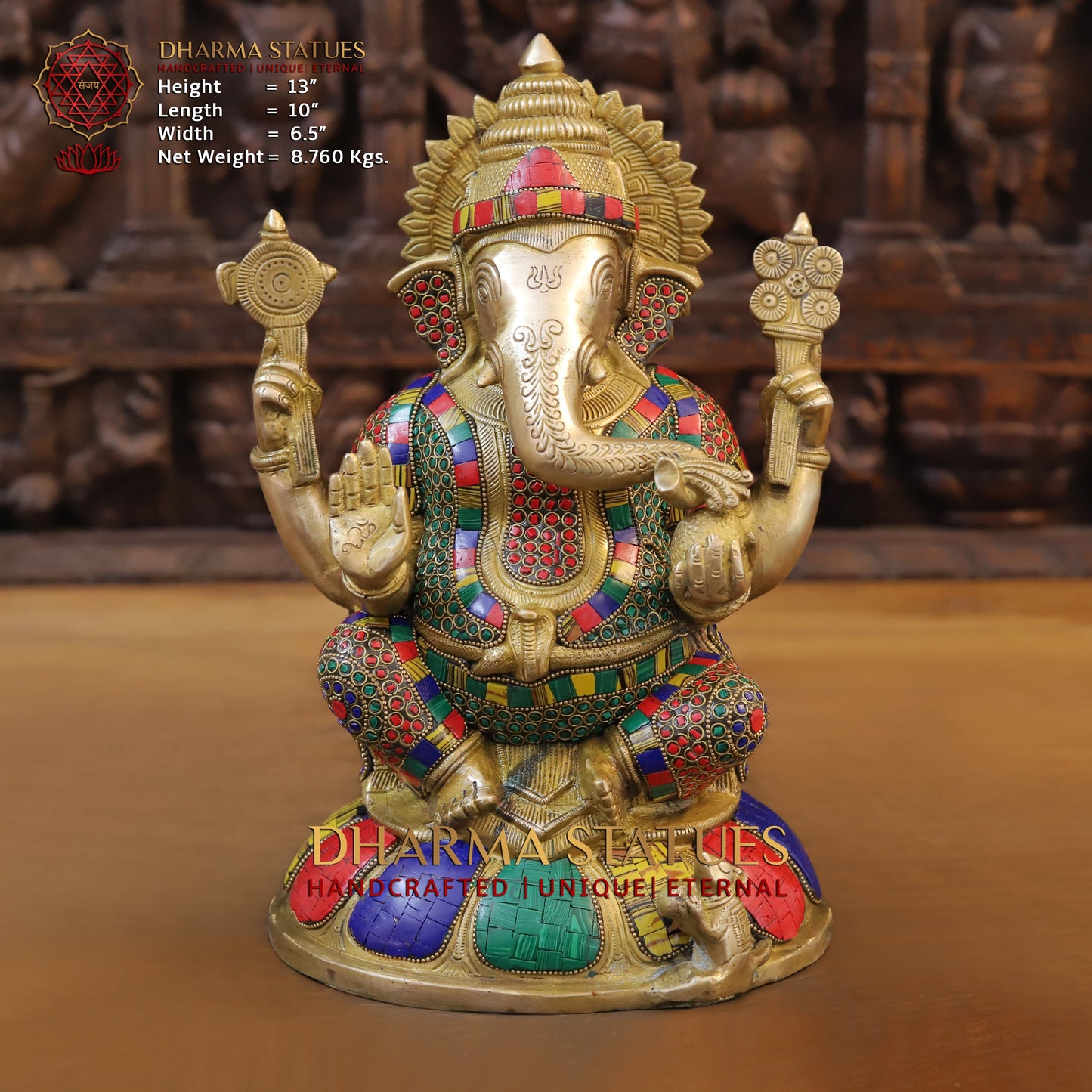 Brass Ganesh seated on Base, Blessing Posture, Golden & Stonework, 13"