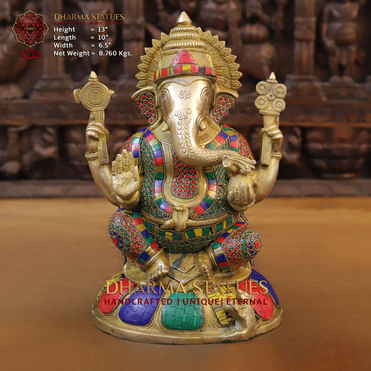 Brass Ganesh seated on Base, Blessing Posture, Golden & Stonework, 13"