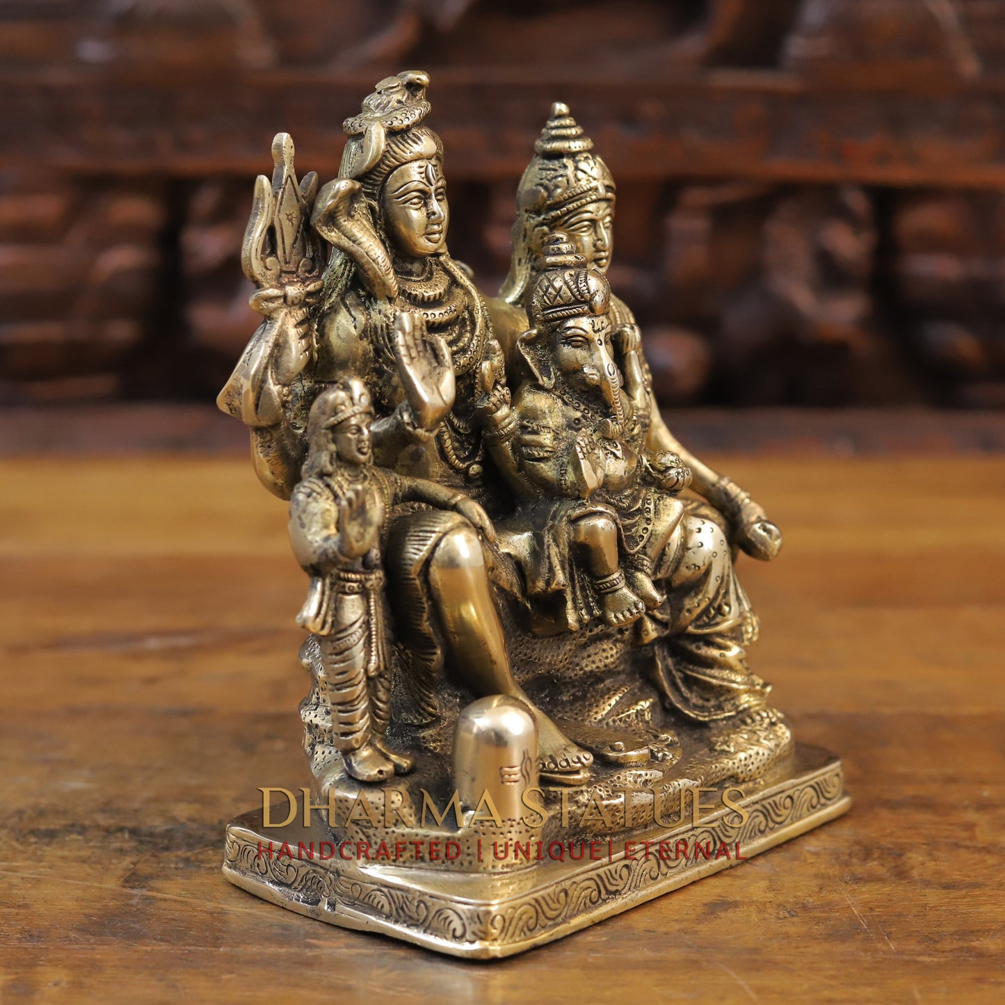 Brass Shiv Parivar Statue, Antique Golden Finish 8.5"