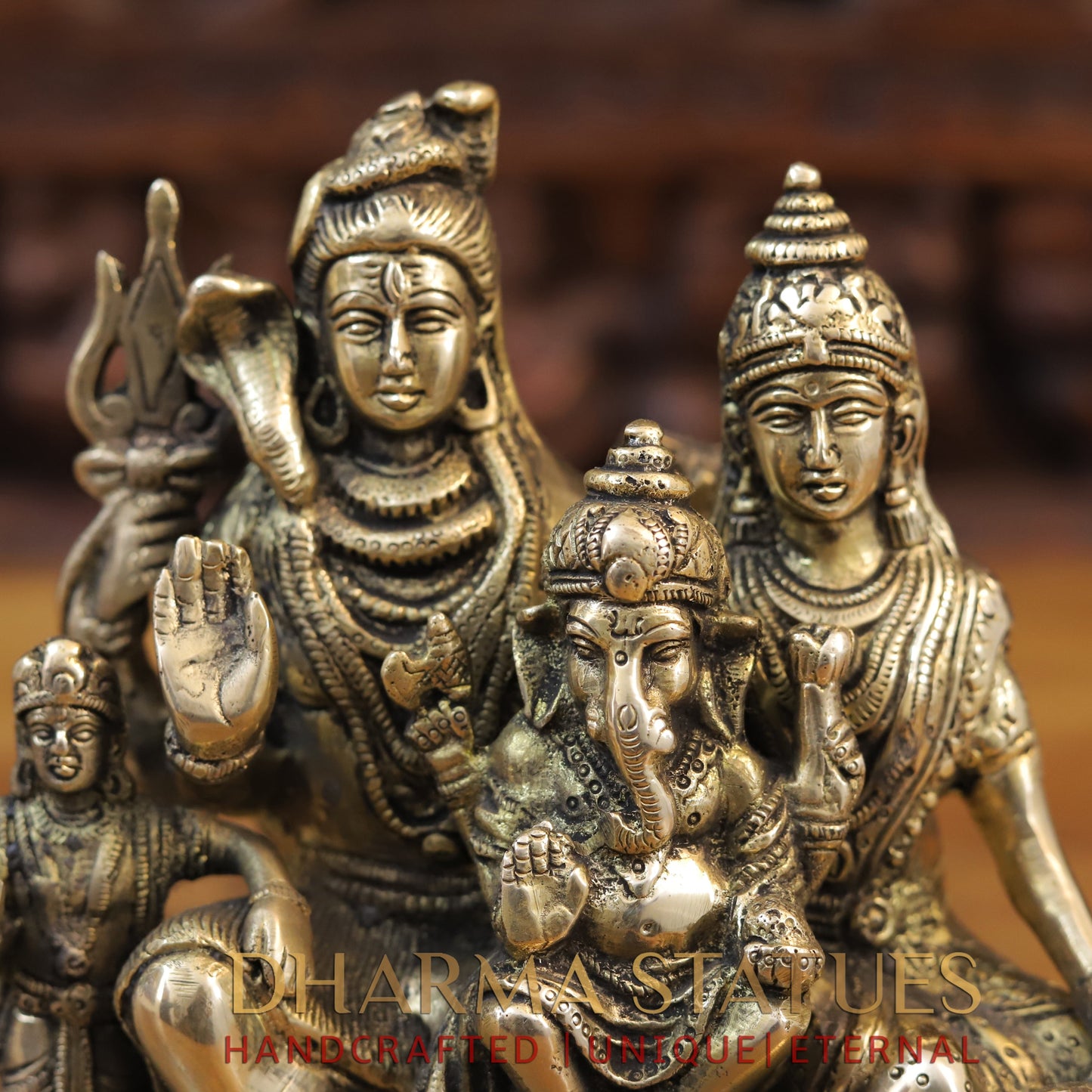 Brass Shiv Parivar Statue, Antique Golden Finish 8.5"