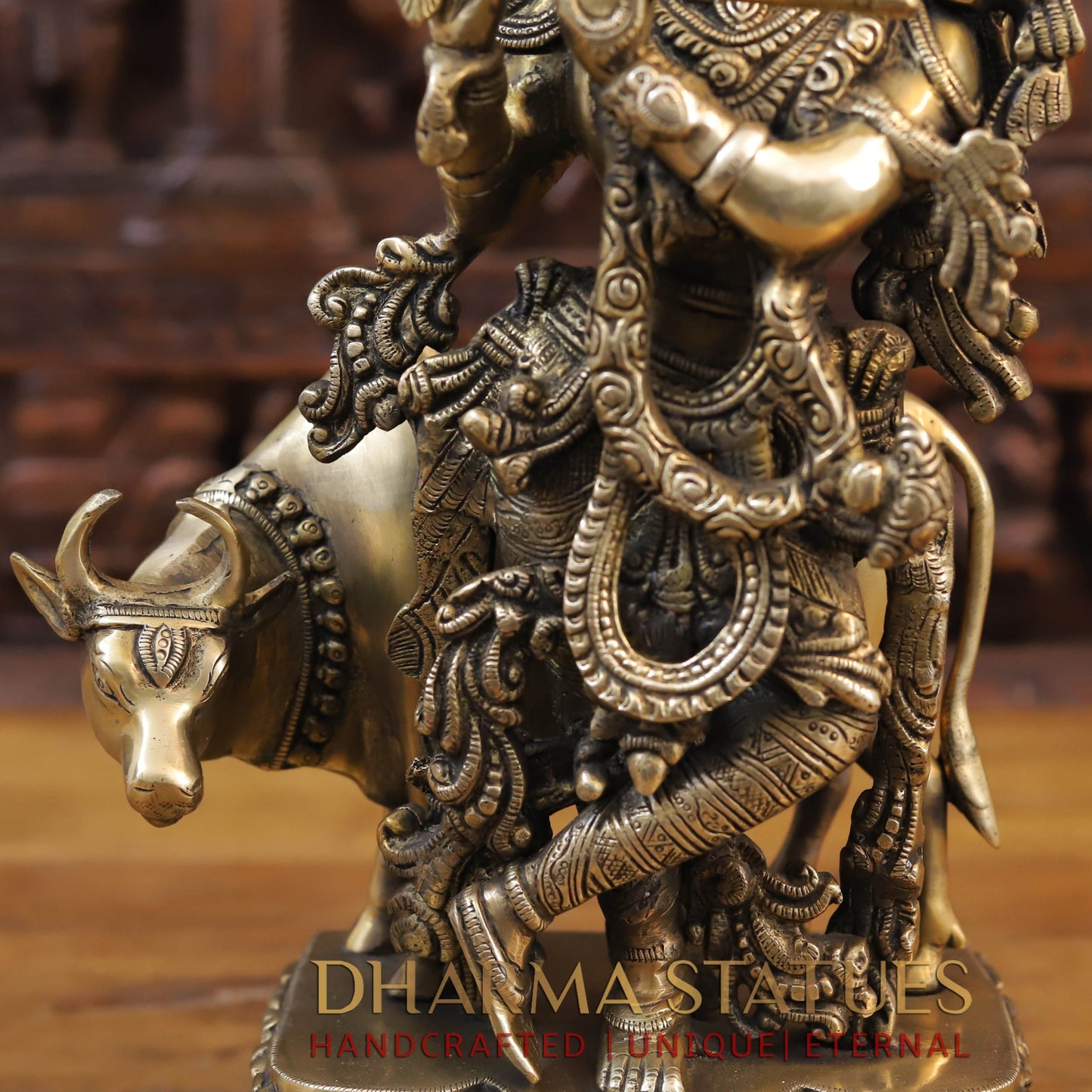 Brass Krishna With Cow, Divine Shepherd, Fine Gold,  17"