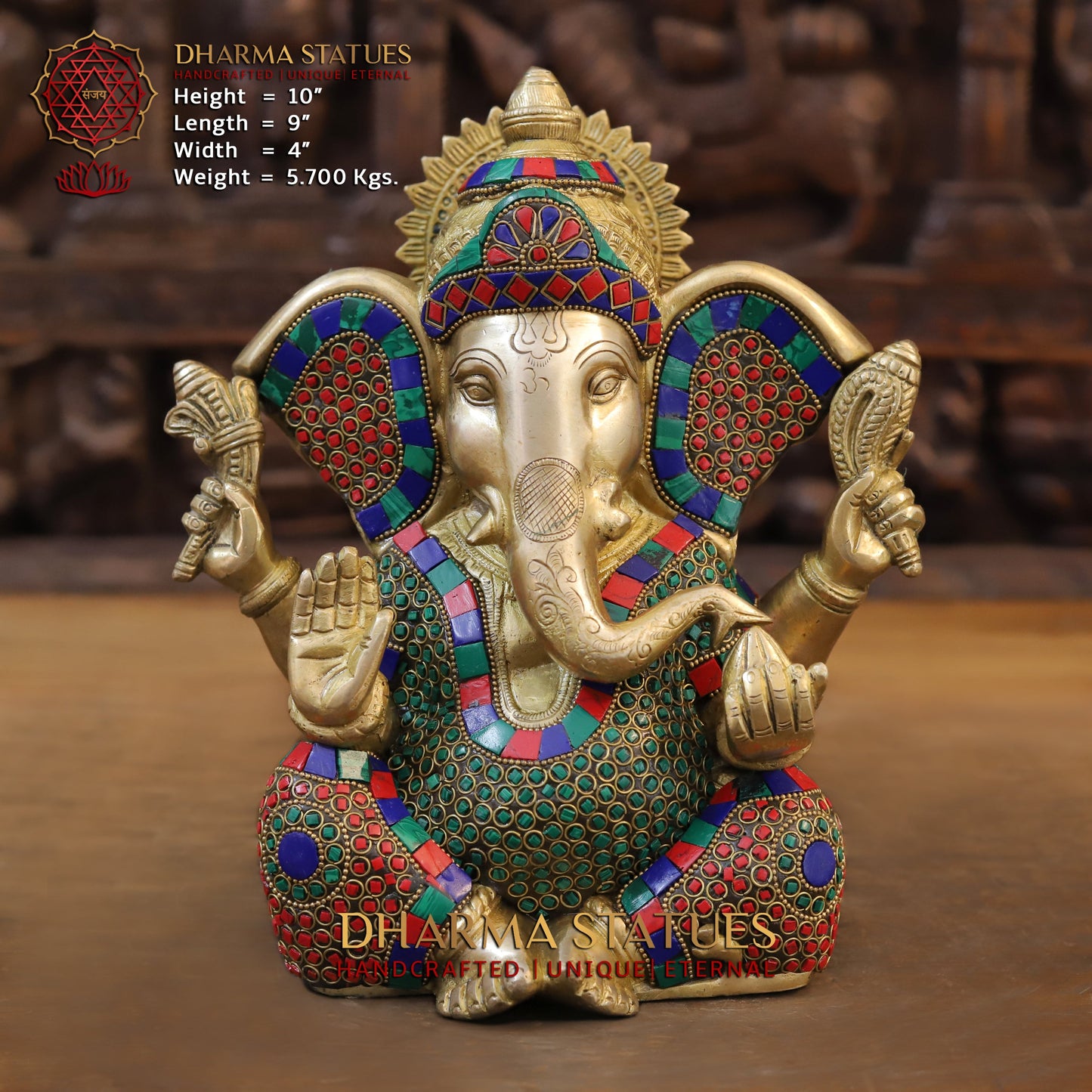 Brass Ganesh seated, Blessing Posture, Golden & Stonework, 10"