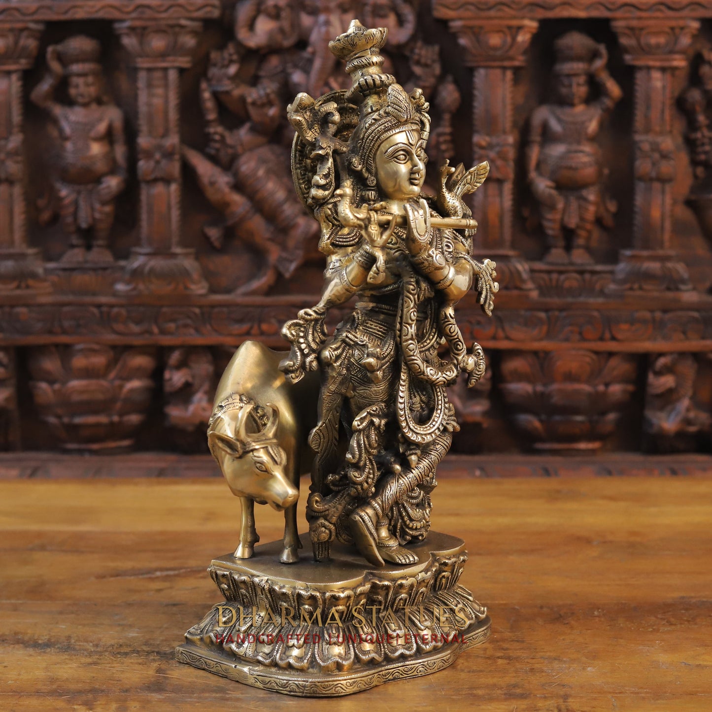 Brass Krishna Statue with cow, Playing Flute, Fine Golden Finish 17"