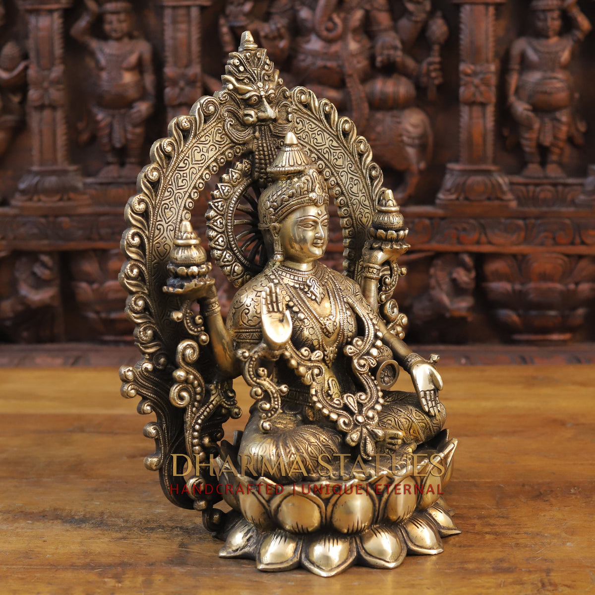 Brass Lakshmi Statue, Seated on a Lotus, Fine Golden Finish 15"