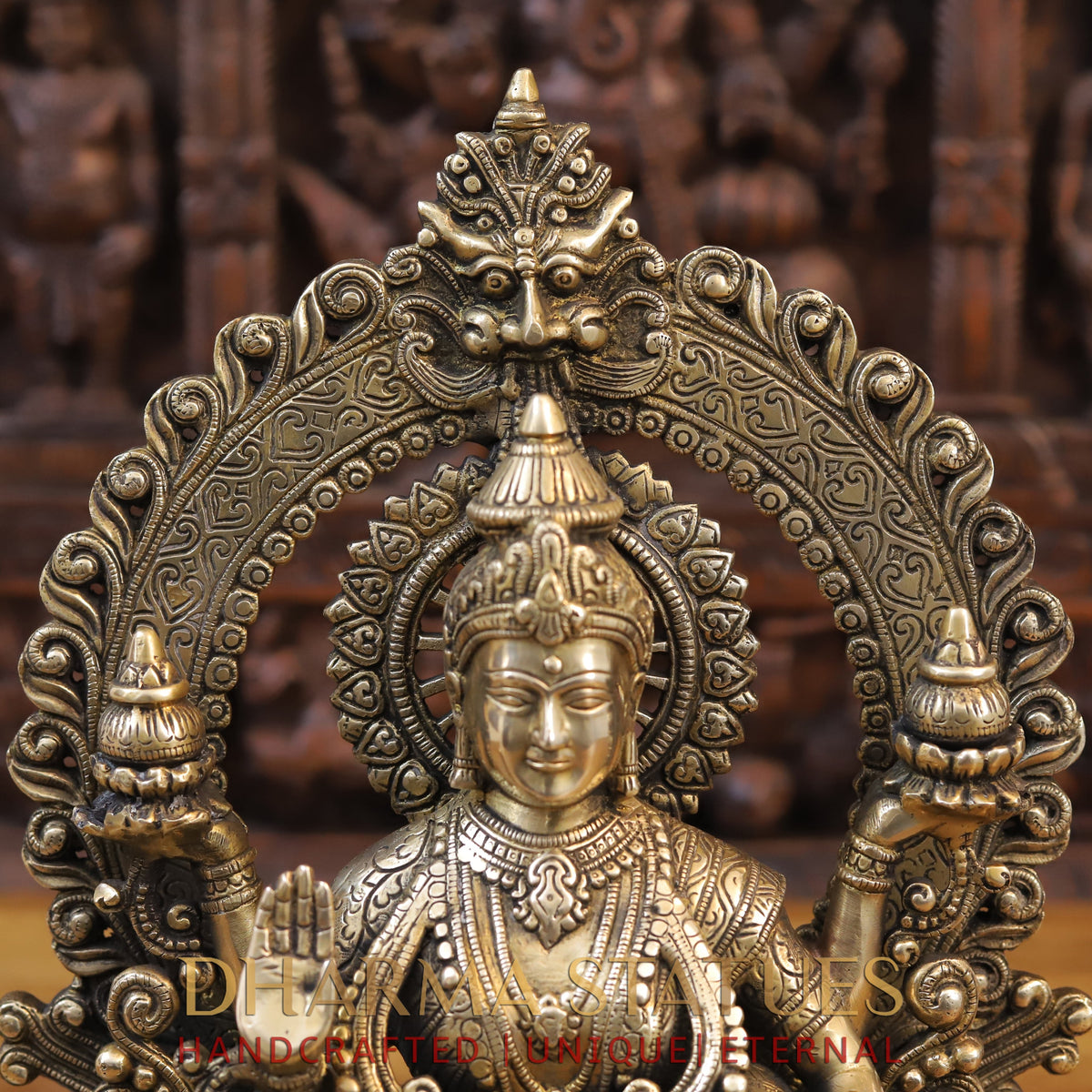 Brass Lakshmi Statue, Seated on a Lotus, Fine Golden Finish 15"
