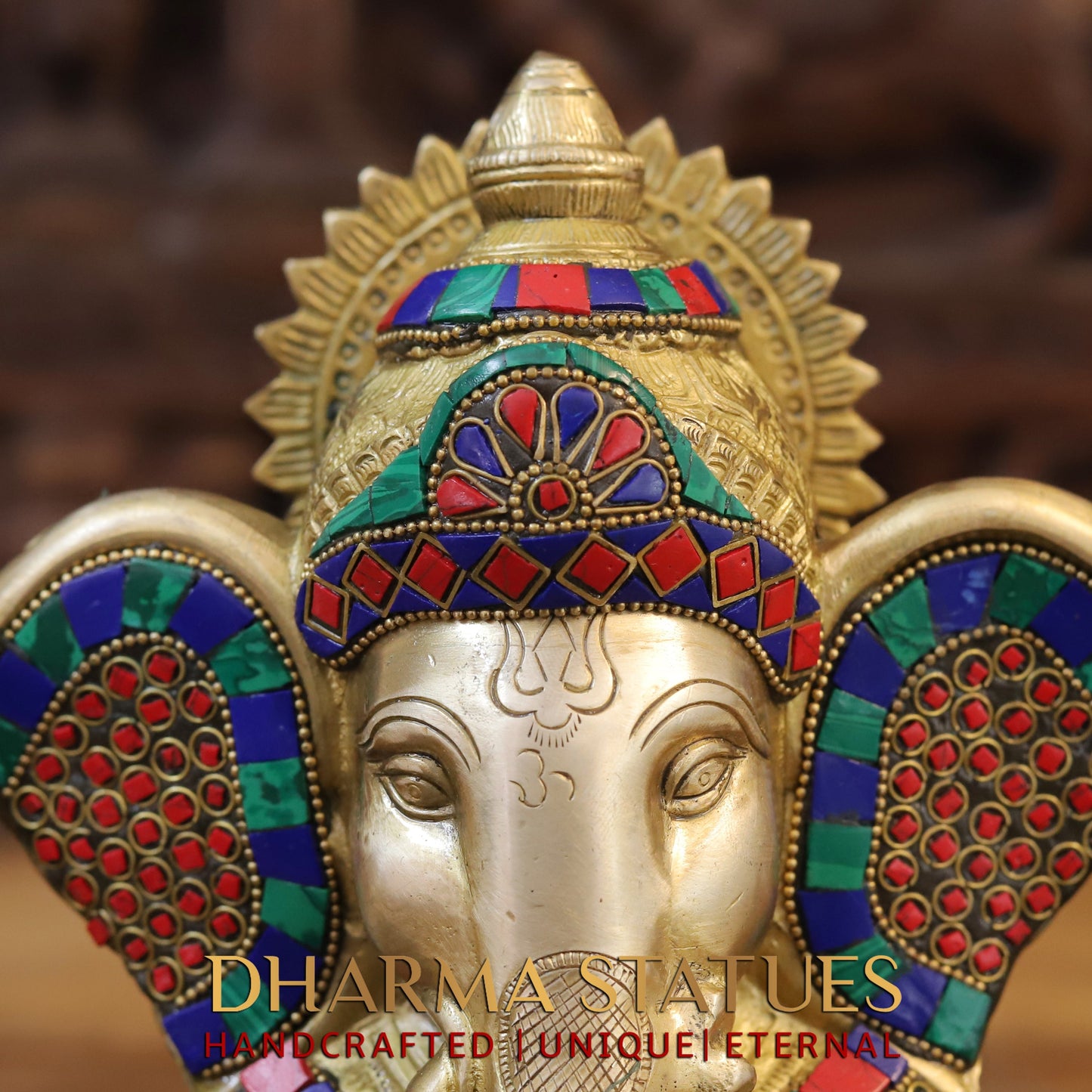 Brass Ganesh seated, Blessing Posture, Golden & Stonework, 10"