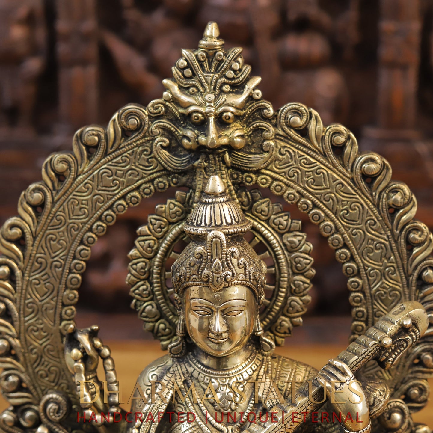 Brass Saraswati Idol, Seated on a Lotus, Playing Sitar, Fine Golden Finish 14.5"
