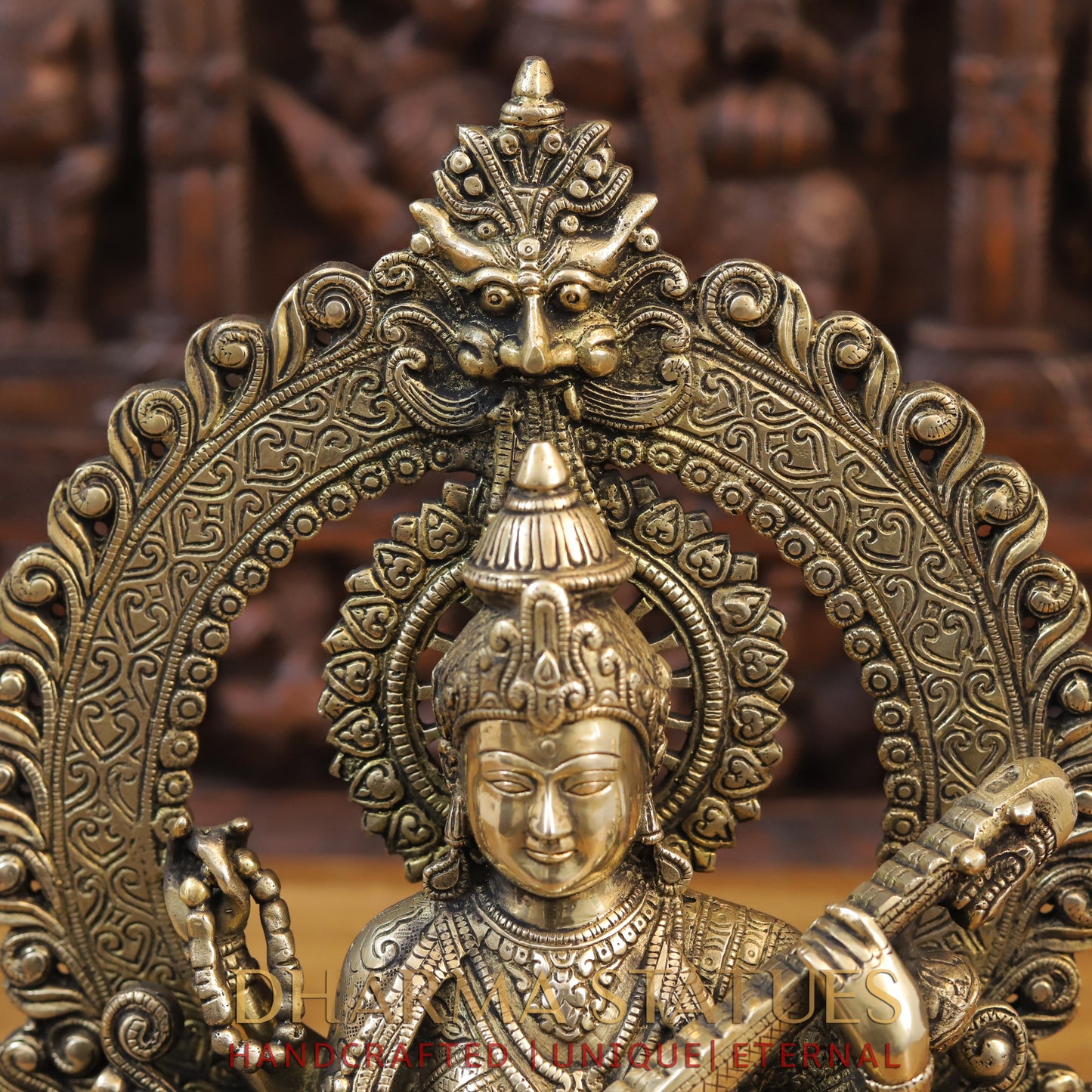 Brass Saraswati Idol, Seated on a Lotus, Playing Sitar, Fine Golden Finish 14.5"