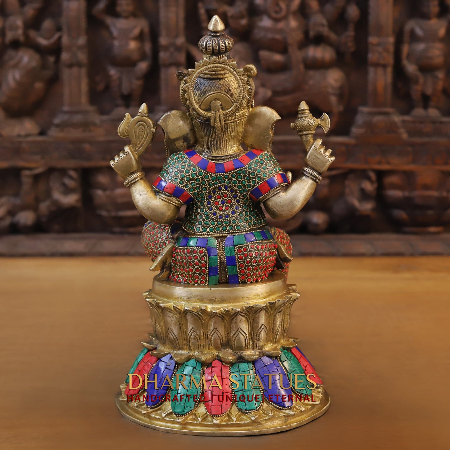 Brass Ganesh seated on Base, Golden & Stonework, 15"