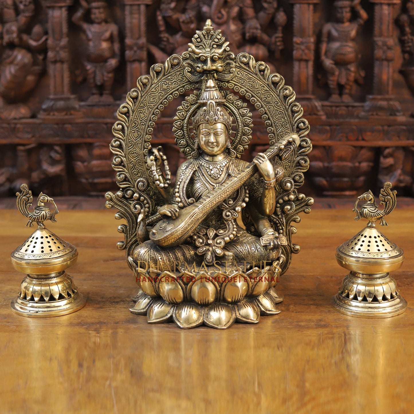 Brass Saraswati Idol, Seated on a Lotus, Playing Sitar, Fine Golden Finish 14.5"