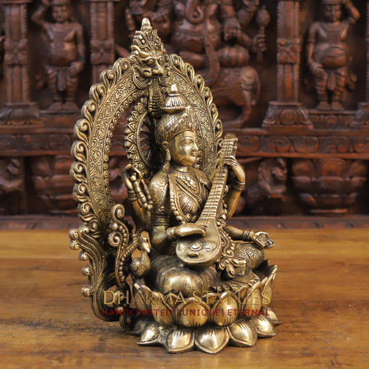 Brass Saraswati Idol, Seated on a Lotus, Playing Sitar, Fine Golden Finish 14.5"