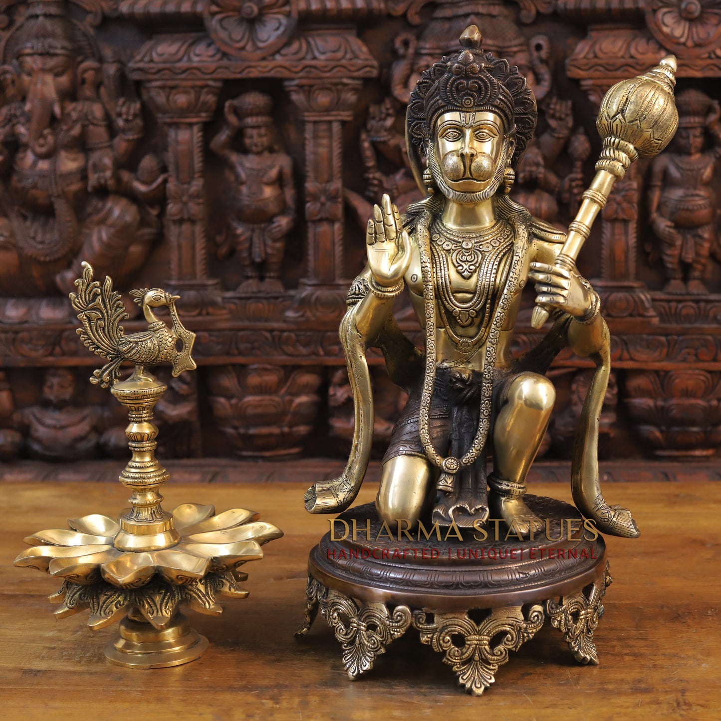 Brass Hanuman Idol, Seated on a Chowki, Fine Golden and Copper Finish 19.5"
