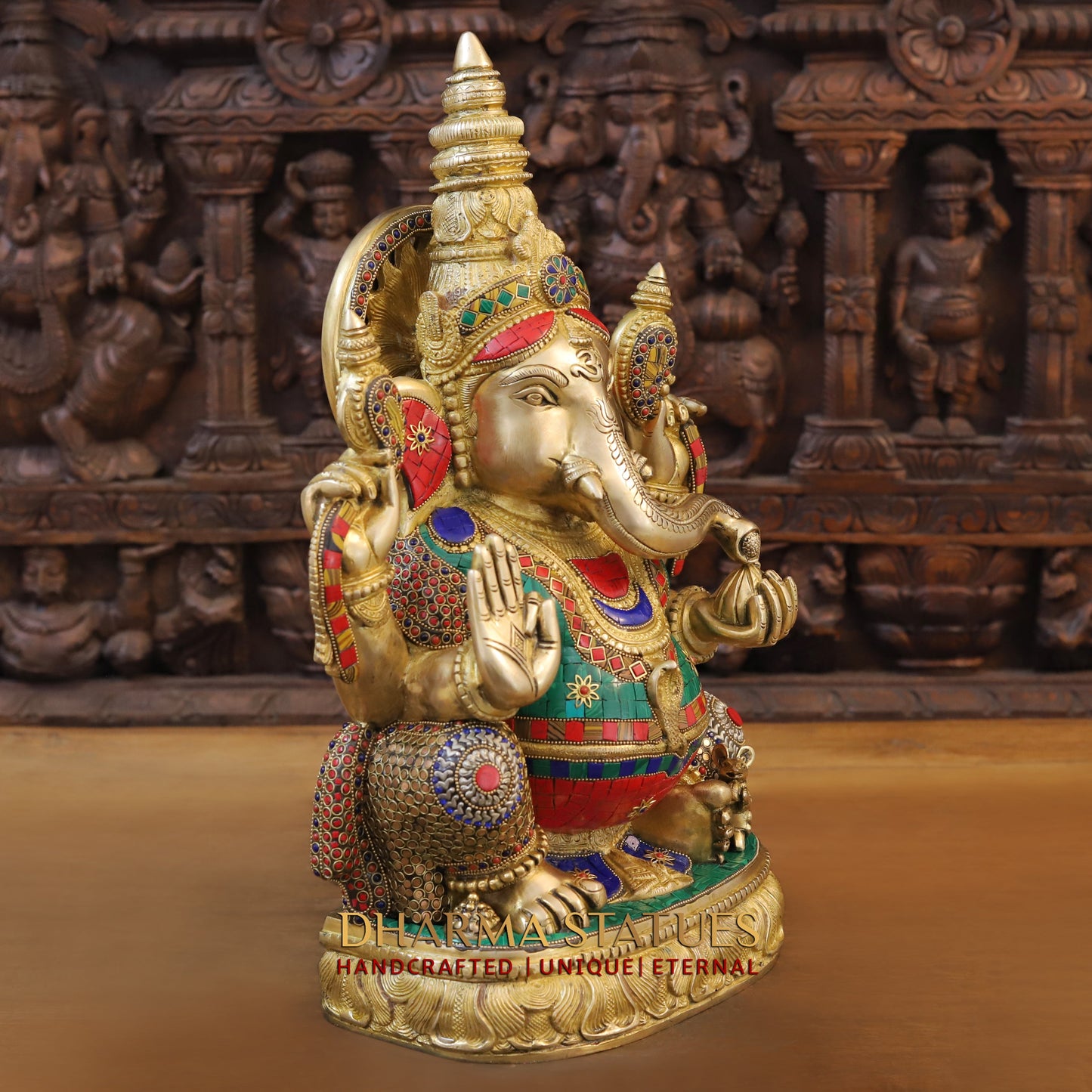 Brass Ganesh seated on Base, Blessing Position, Golden & Stonework, 20"
