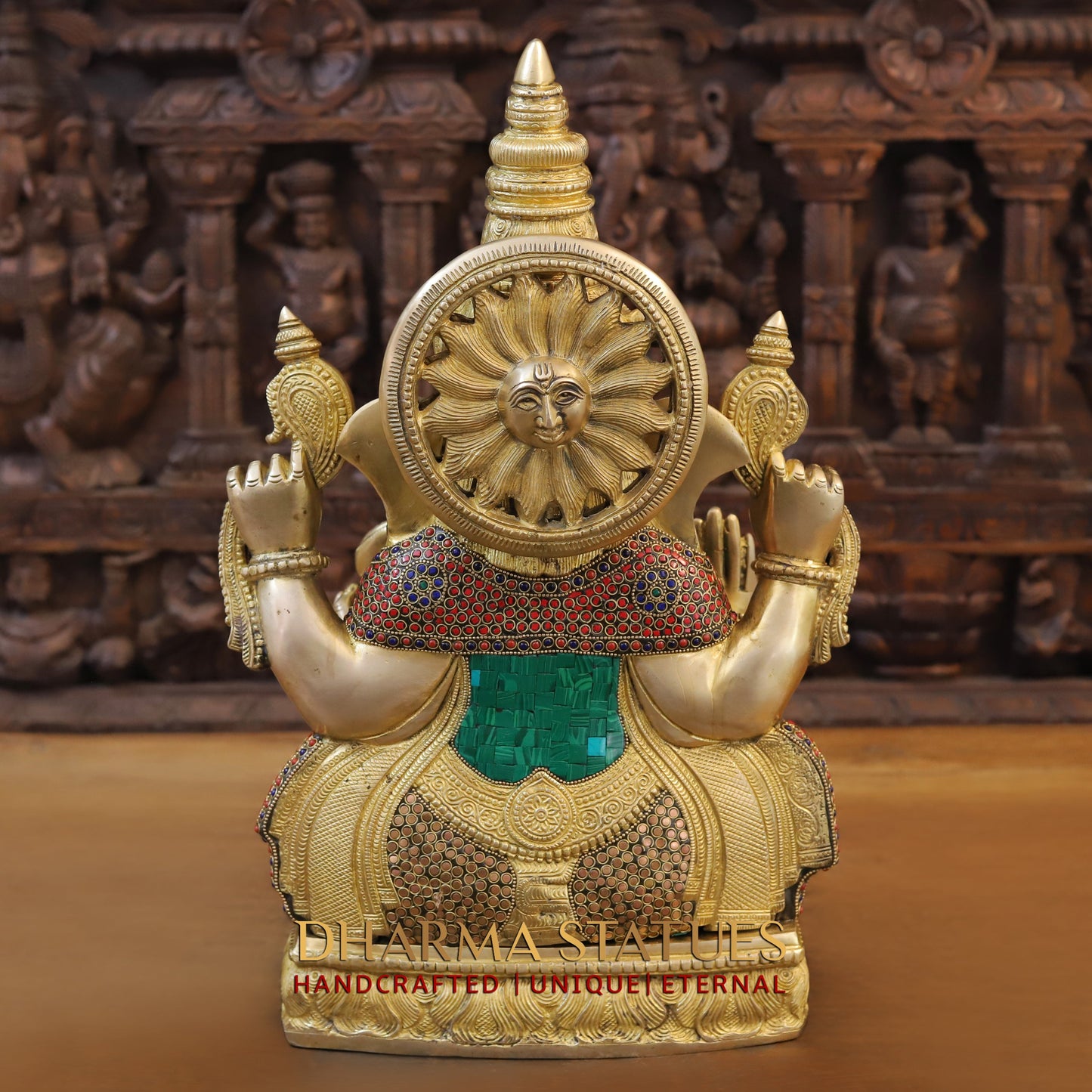 Brass Ganesh seated on Base, Blessing Position, Golden & Stonework, 20"