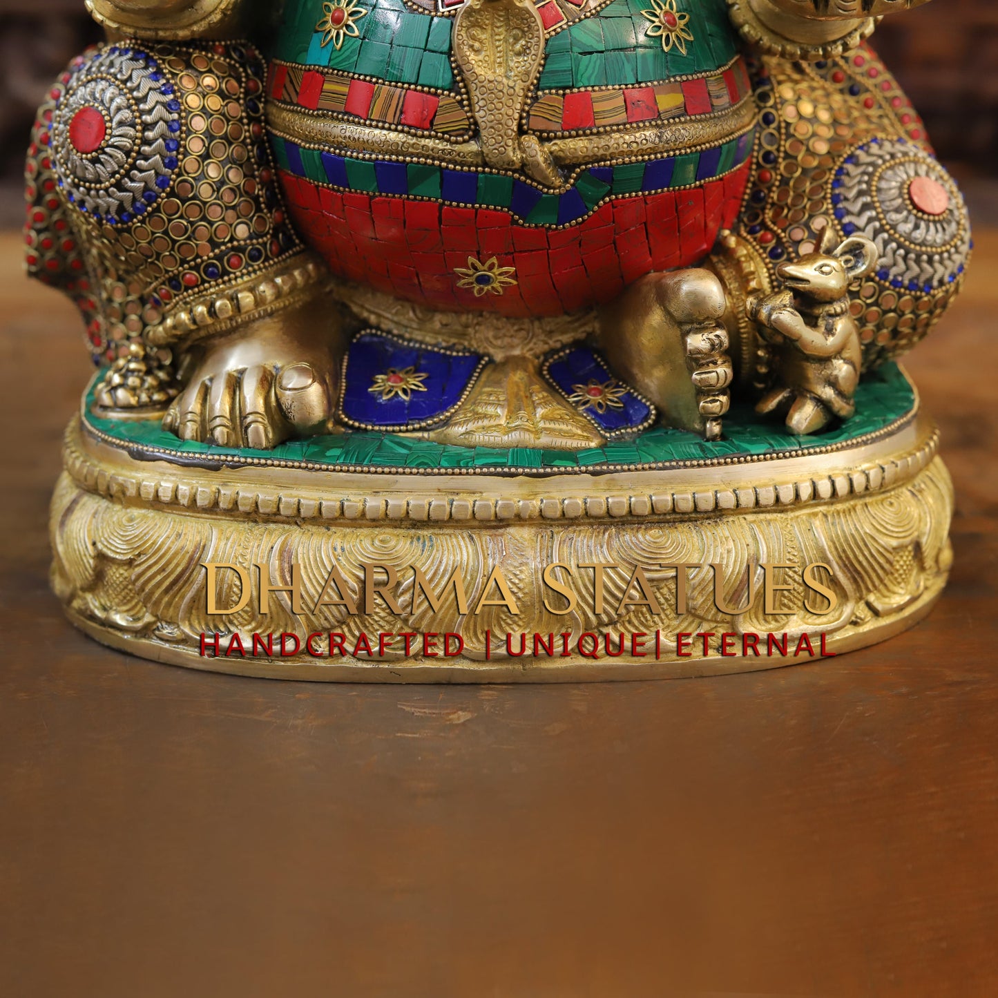 Brass Ganesh seated on Base, Blessing Position, Golden & Stonework, 20"