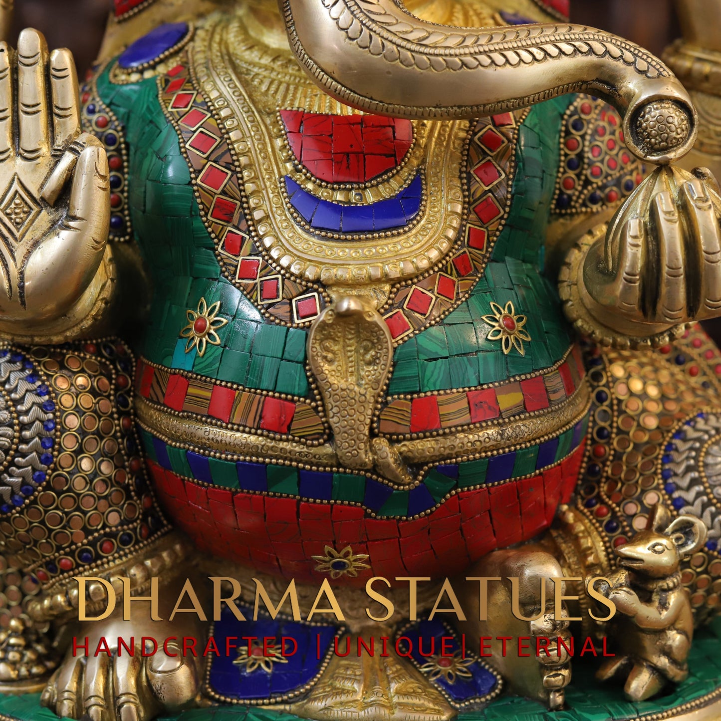Brass Ganesh seated on Base, Blessing Position, Golden & Stonework, 20"