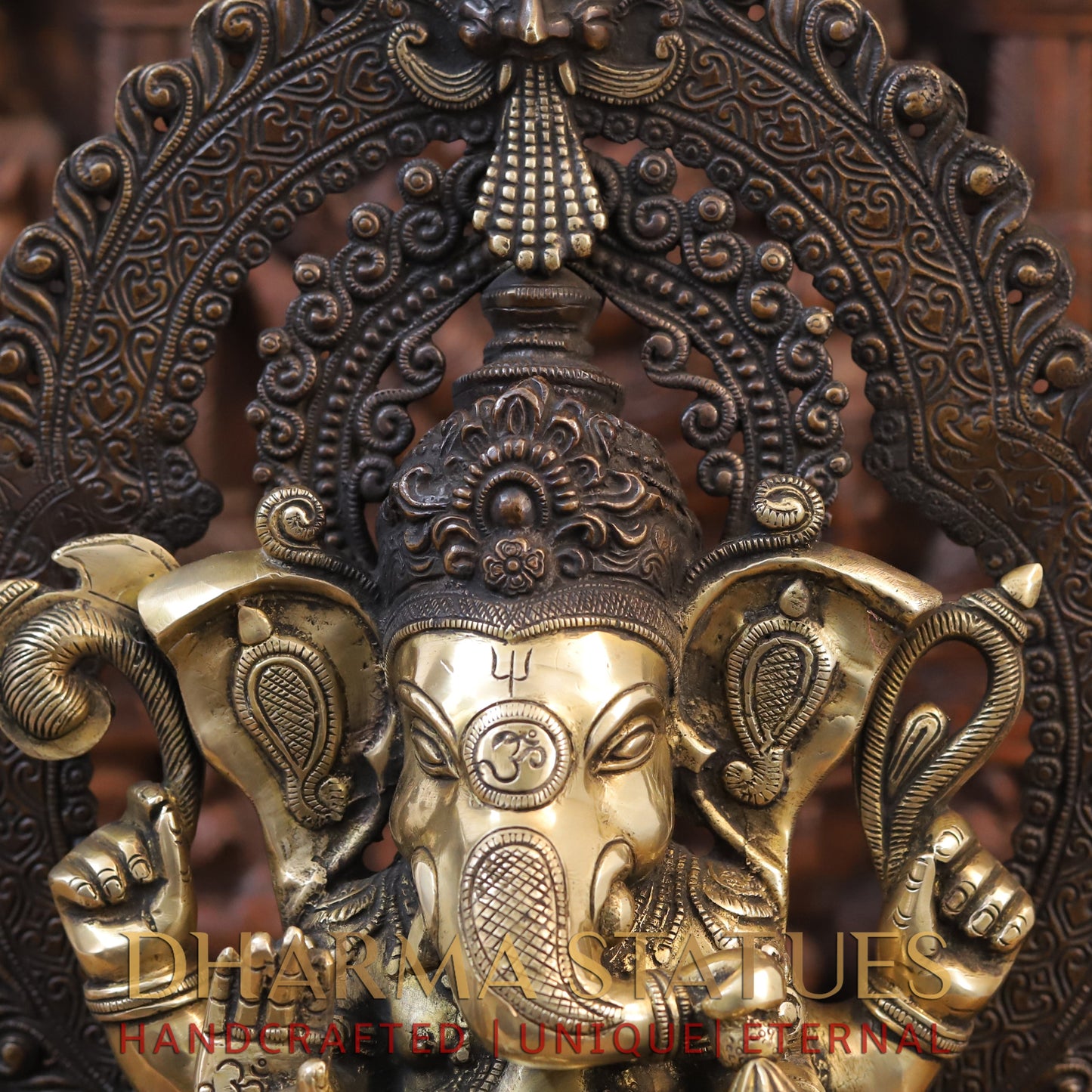 Brass Ganesh Idol, Seated on a Chowki, Copper and Golden Finish 19.5"