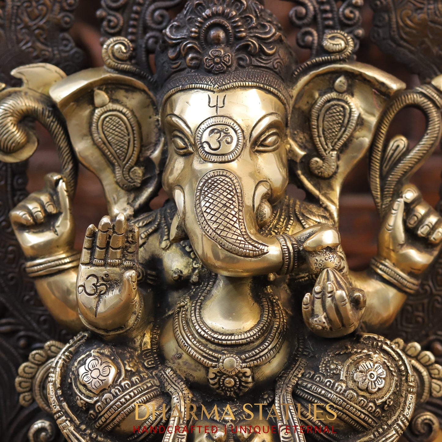 Brass Ganesh Idol, Seated on a Chowki, Copper and Golden Finish 19.5"