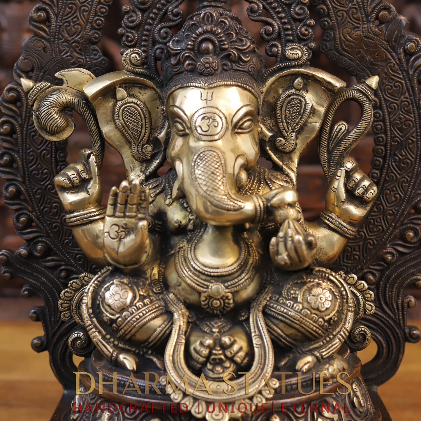 Brass Ganesh Idol, Seated on a Chowki, Copper and Golden Finish 19.5"