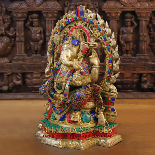 Brass Ganesh seated on Throne, Blessing Position, Golden & Stonework, 18"
