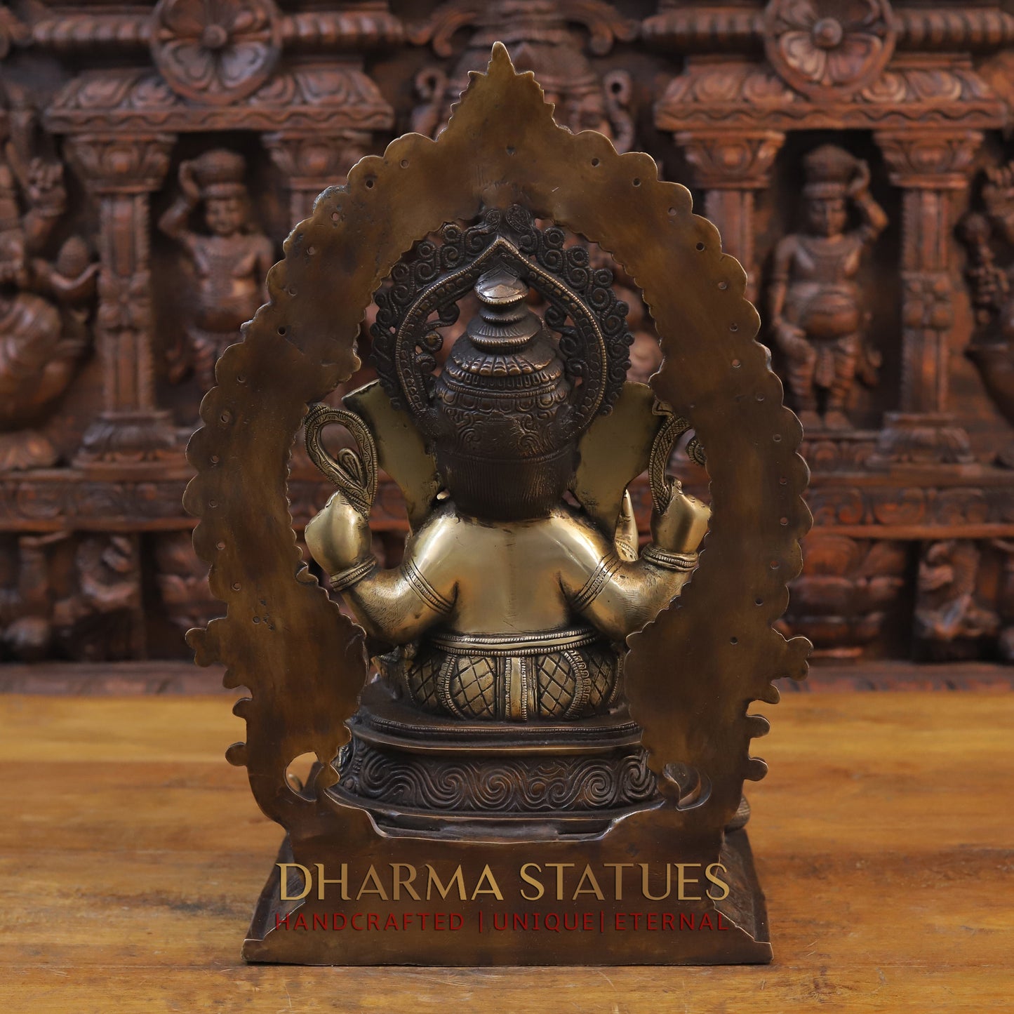 Brass Ganesh Idol, Seated on a Chowki, Copper and Golden Finish 19.5"