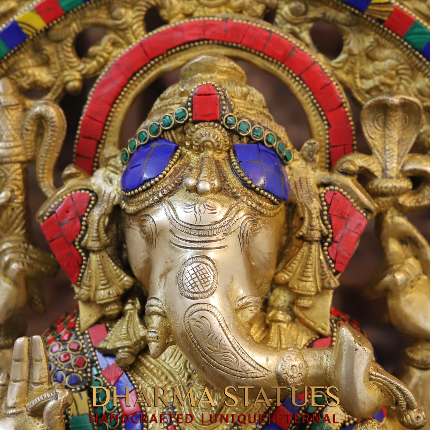 Brass Ganesh seated on Throne, Blessing Position, Golden & Stonework, 18"